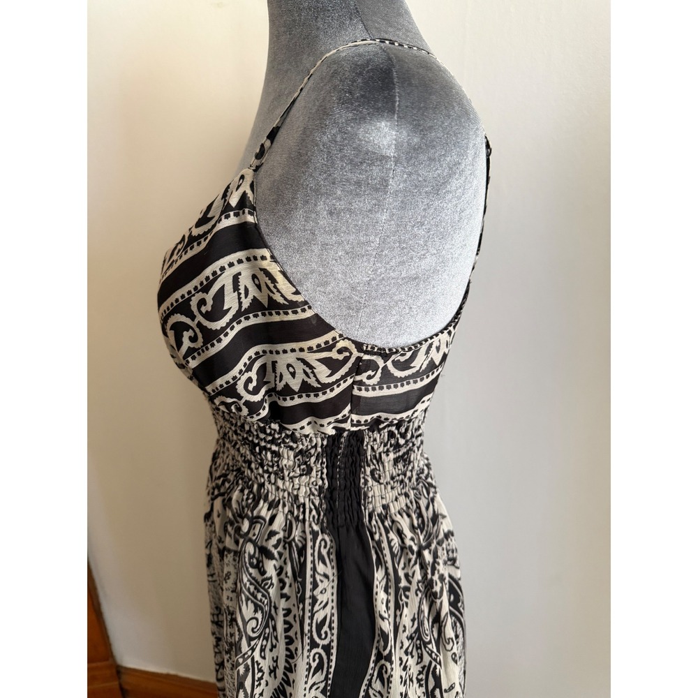 Y2k Black White Paisley Chiffon Smocked Maxi Dress Size M Boho hippie Strappy - Picture 4 of 9